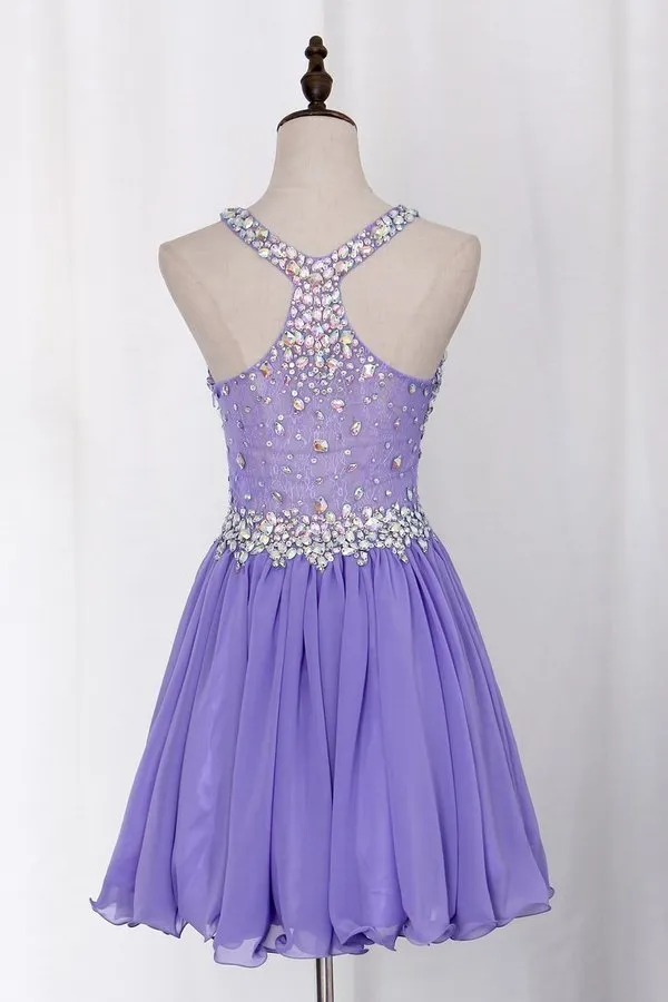 2024 Delicate Short/Mini Halter A Line/Princess Homecoming Dresses Lace&Chiffon Beaded PZ293J8K