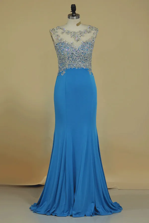 2024 Scoop Mermaid Prom Dresses Beaded Bodice Sweep PSB575RD