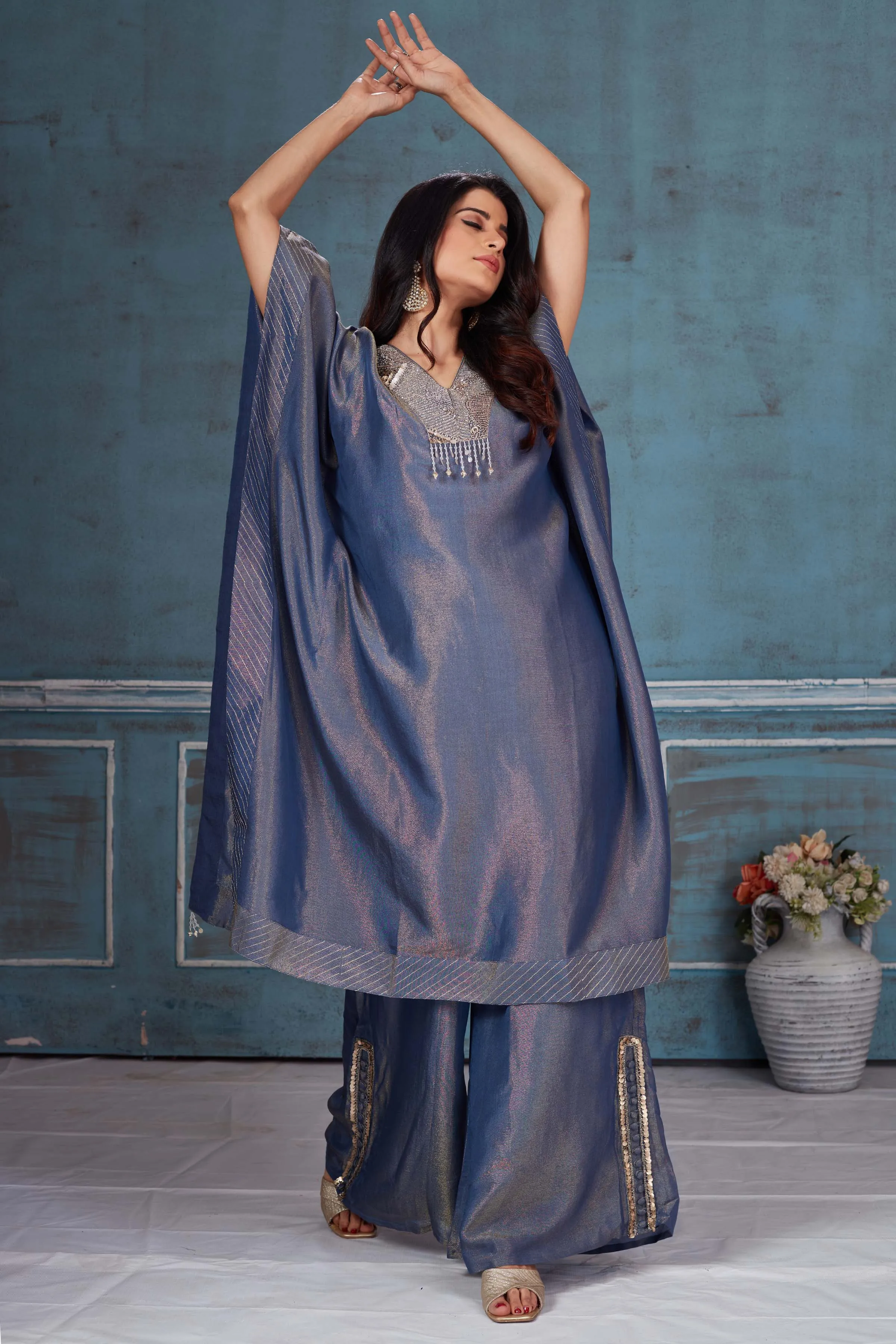 52A163 Blue Embroidered Tissue Georgette Kaftan Pant Set