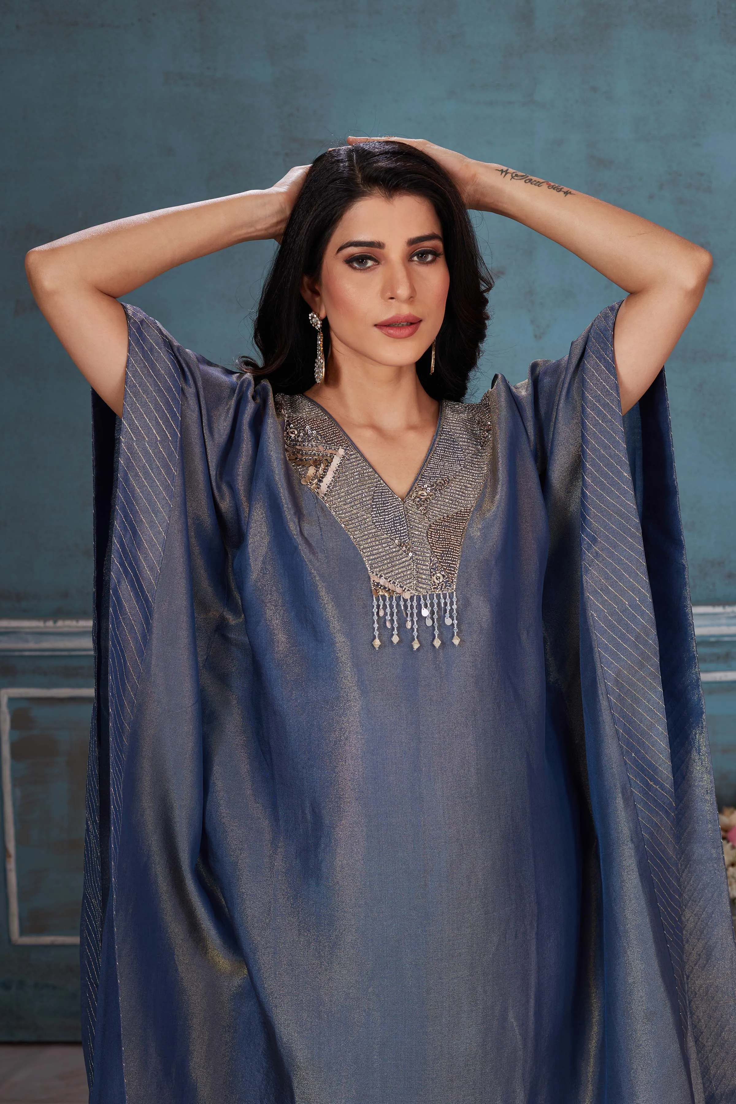 52A163 Blue Embroidered Tissue Georgette Kaftan Pant Set