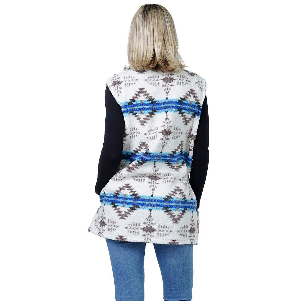 Aztec Patterned Sherpa Fleece Pocket Vest