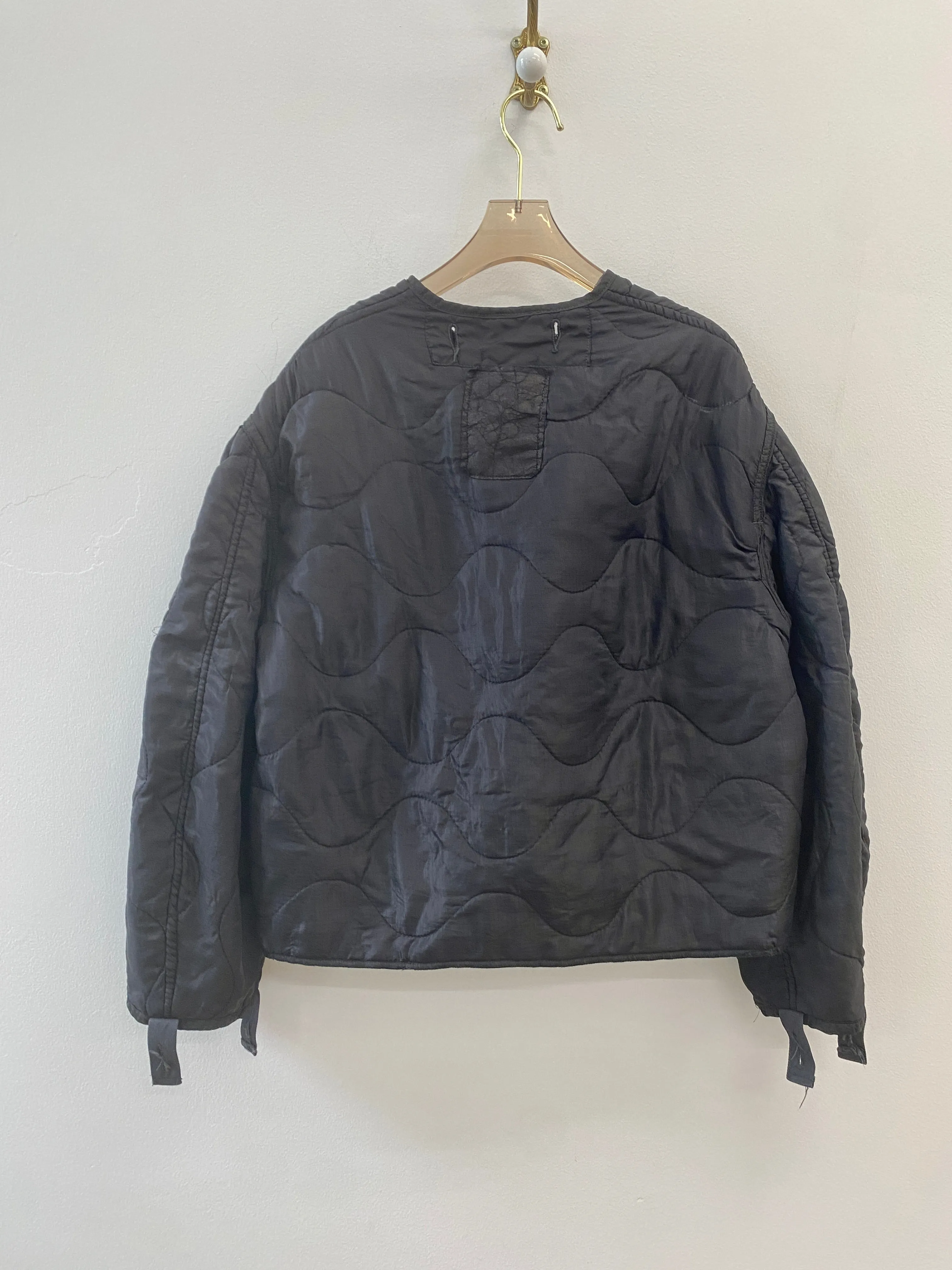 Black Army Liner Quilted Coat w/ White Twill Tape Ties (Reworked)