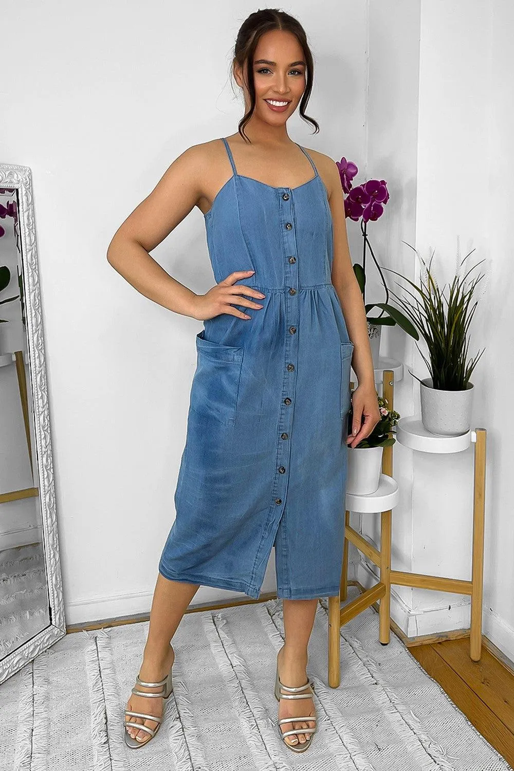 Buttoned Down Strappy Denim Midi Dress