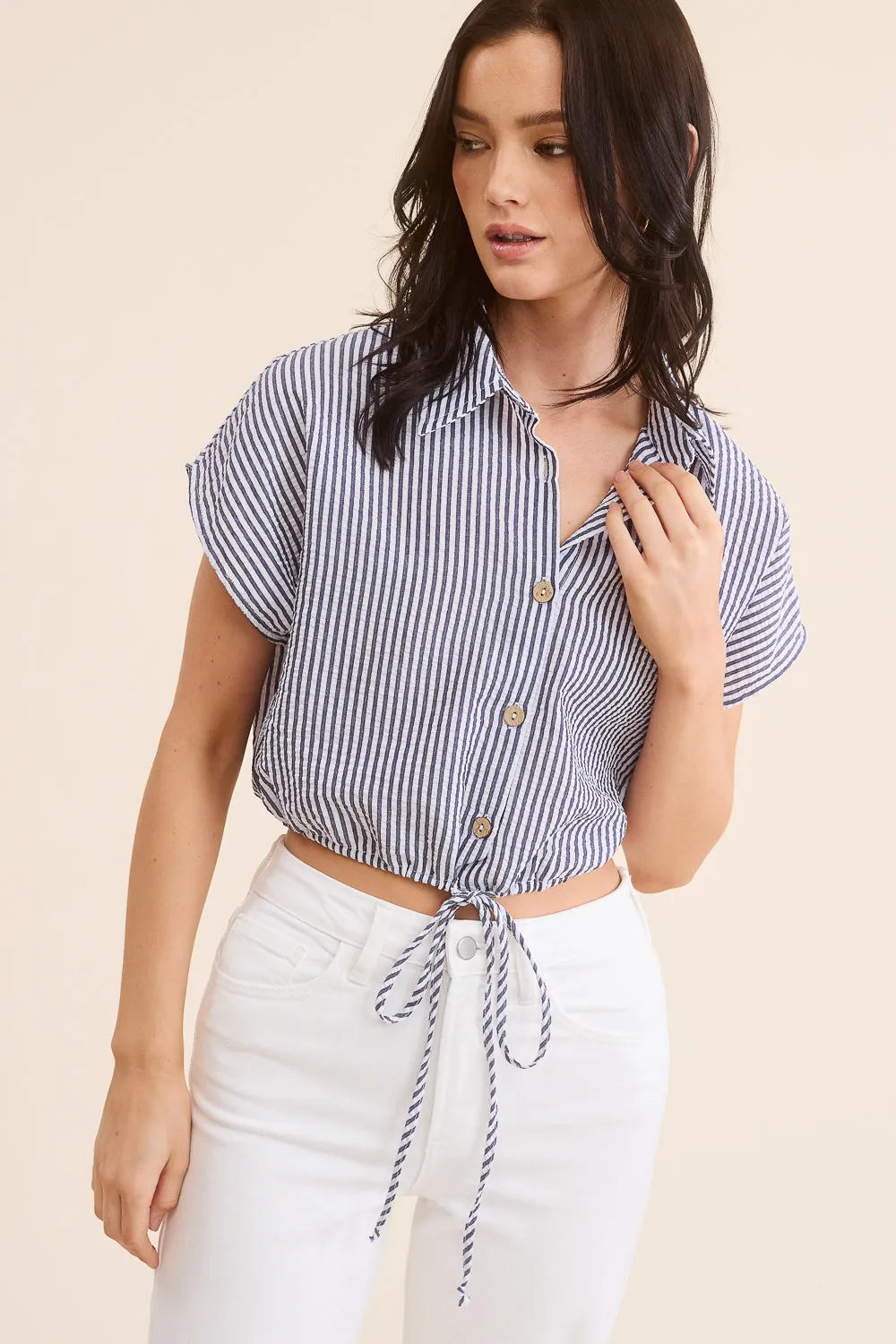 Cropped Navy Striped Button Down