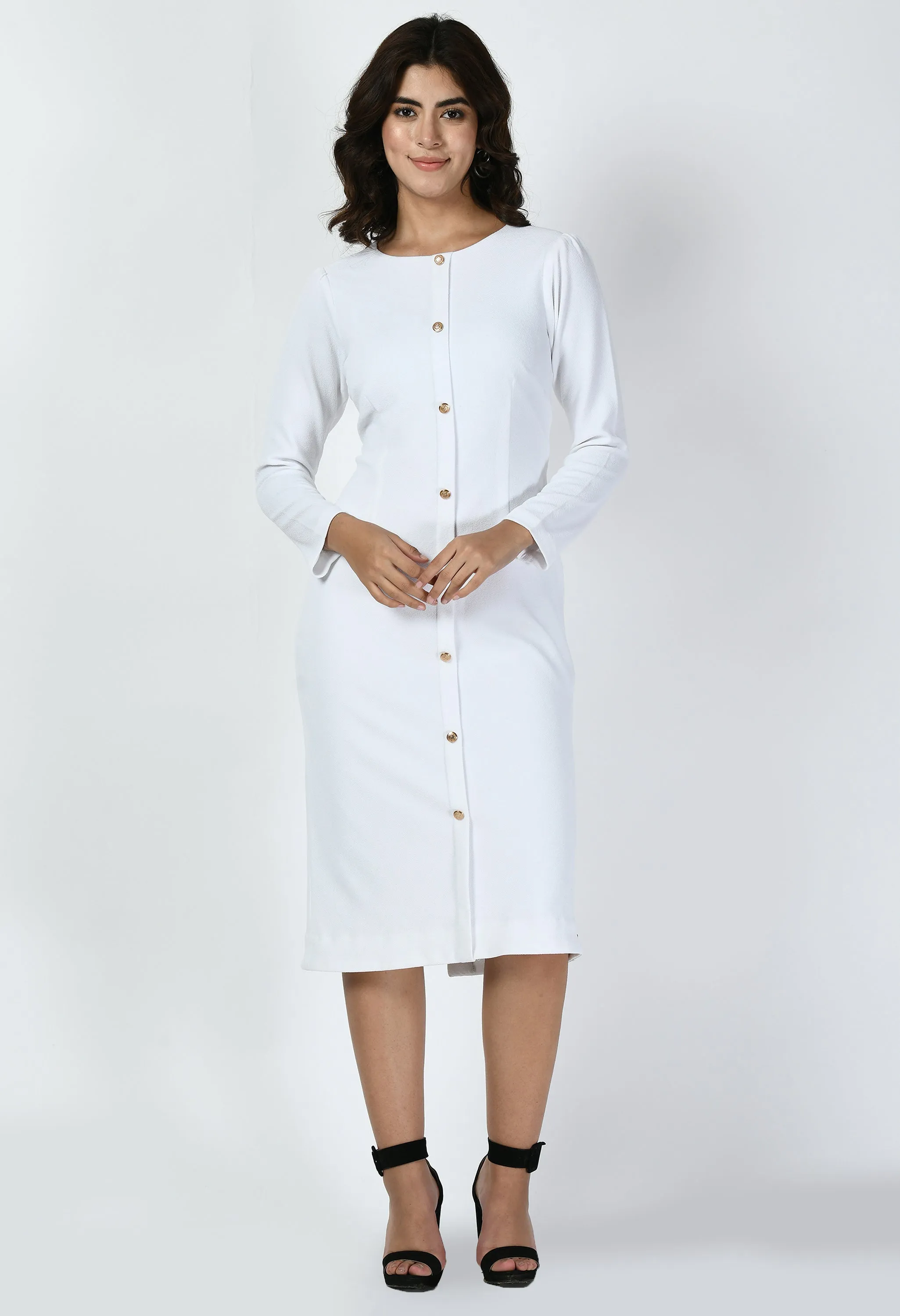 Exude Acme Button Down Midi Sheath Dress (White)