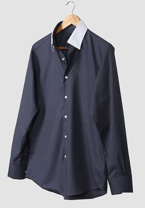 GREY PINPOINT HIDDEN BUTTON DOWN WHITE COLLAR