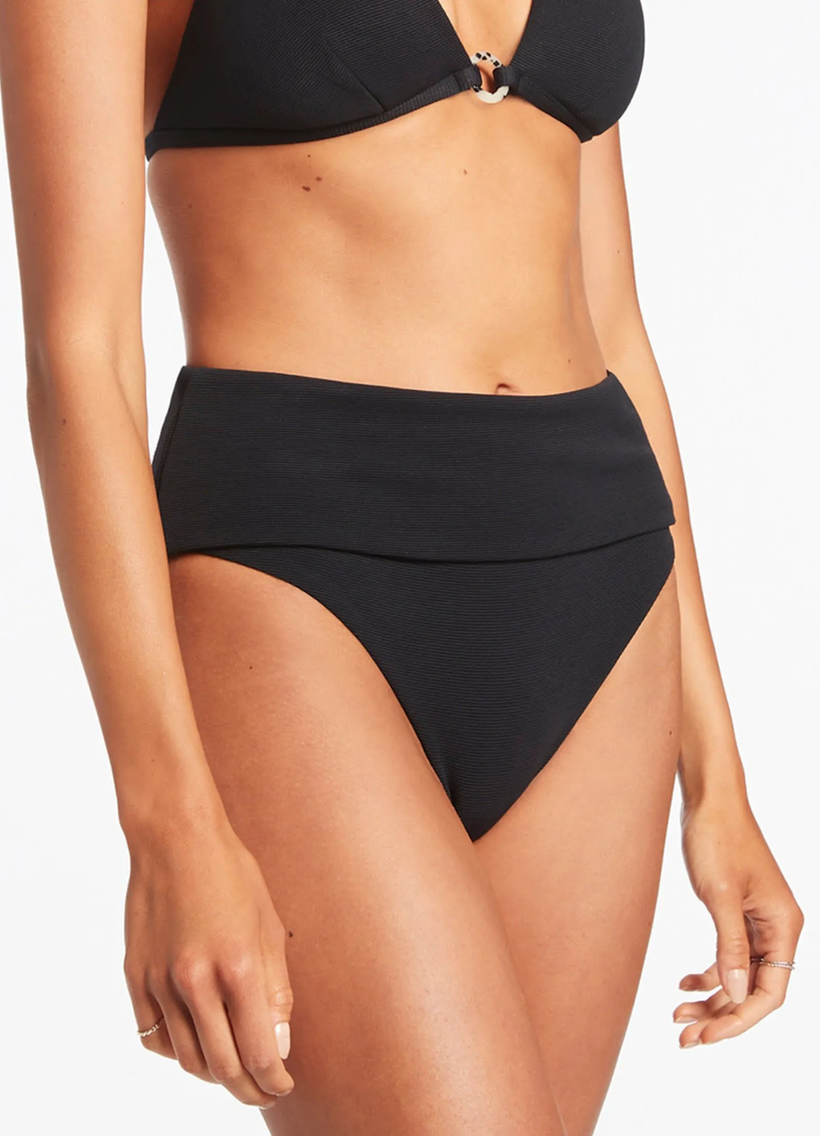 Isla Rib Fold Down High Waisted Bikini Bottom - Black