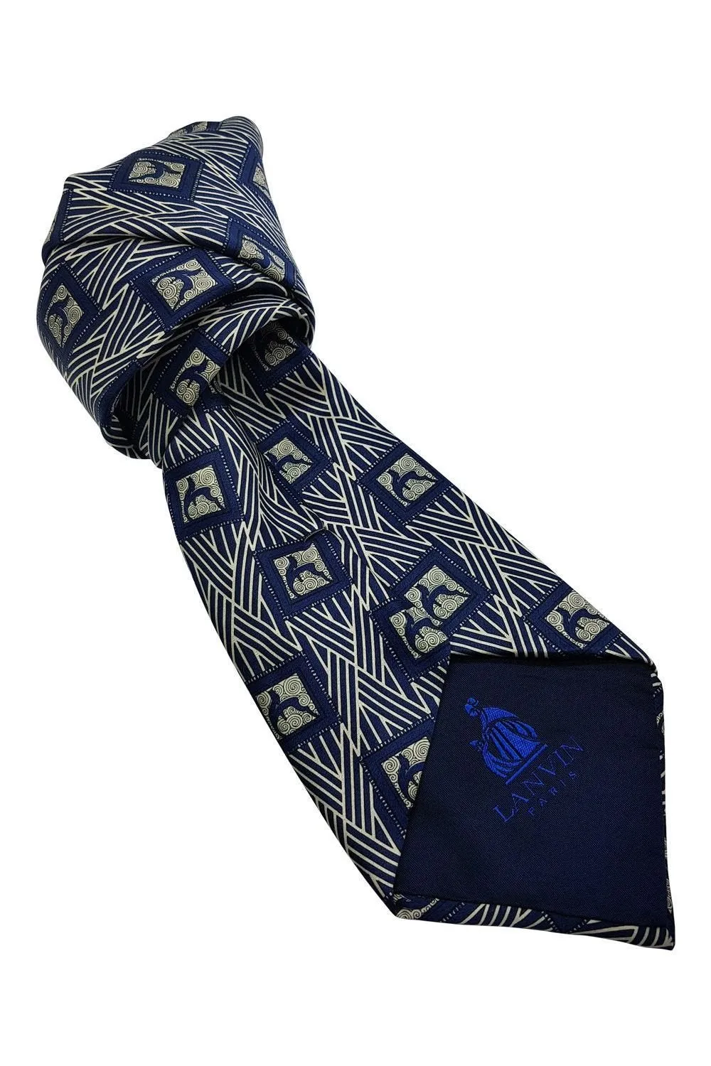 LANVIN Blue 100% Silk Geometric Print Classic Length Designer Tie (58")