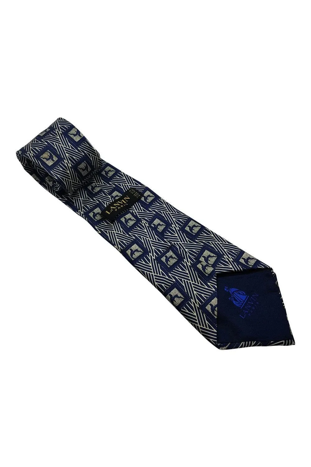 LANVIN Blue 100% Silk Geometric Print Classic Length Designer Tie (58")