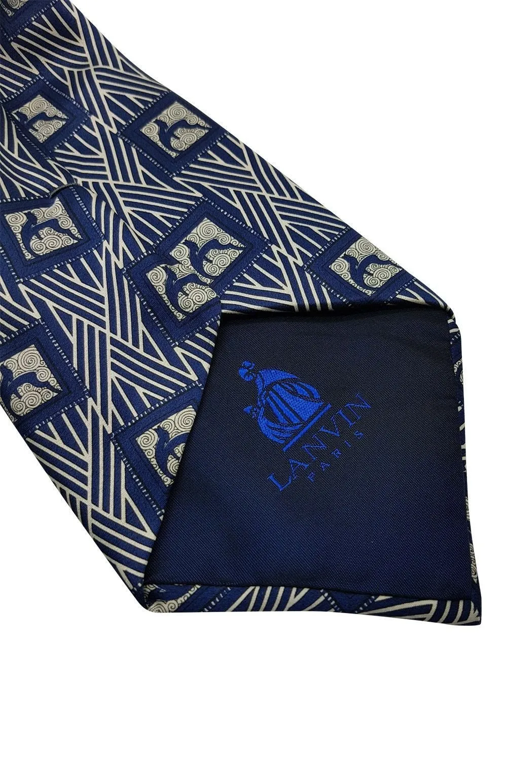 LANVIN Blue 100% Silk Geometric Print Classic Length Designer Tie (58")