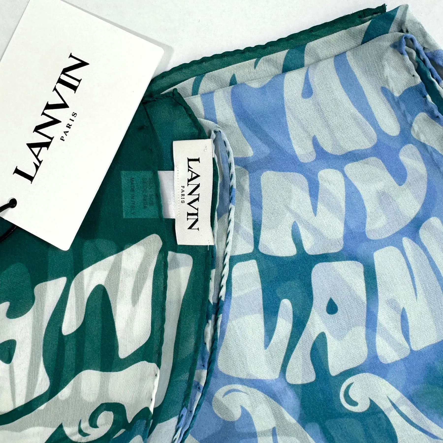 Lanvin Scarf Blue Ocean Green Logo Beach Design - Chiffon Silk Shawl FINAL SALE