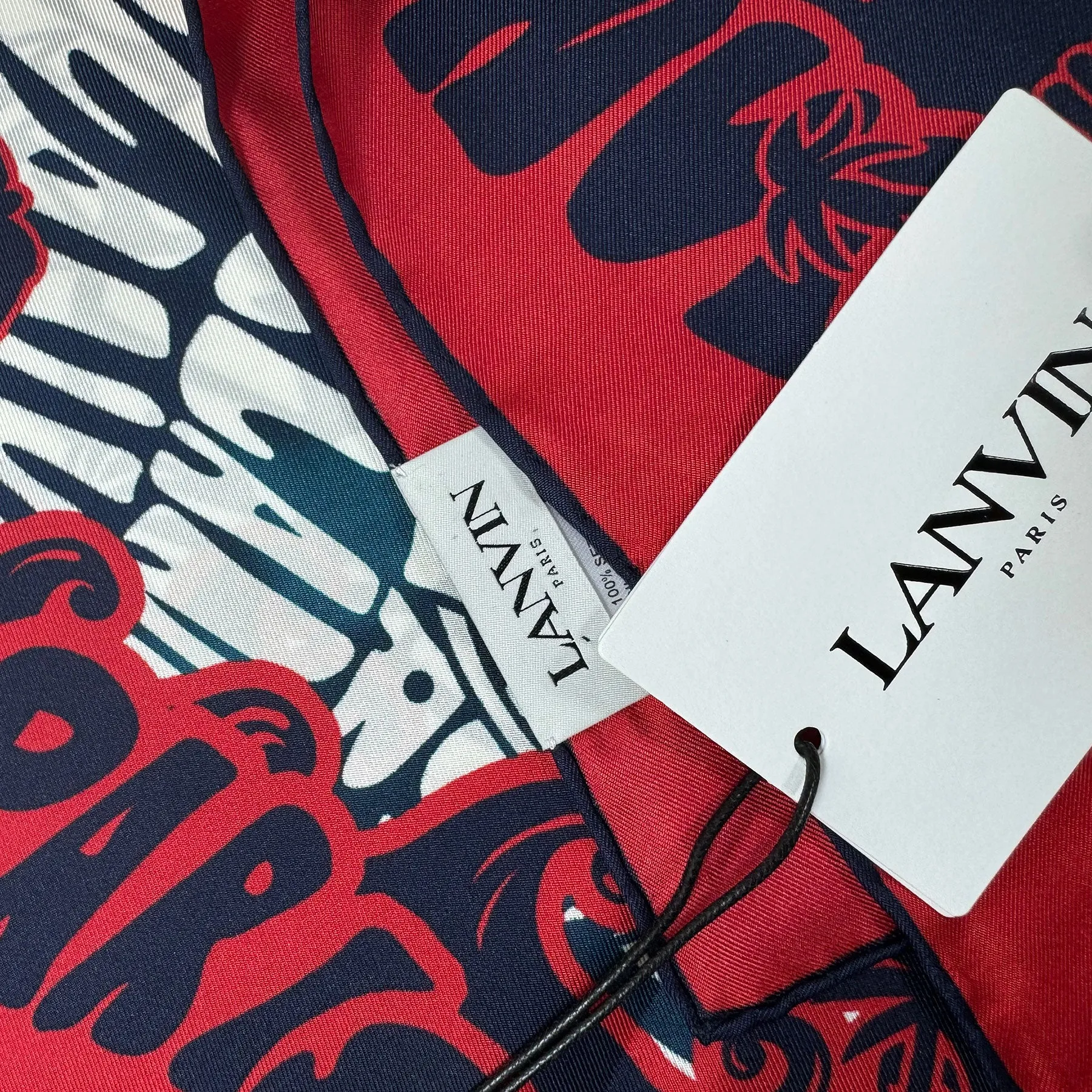 Lanvin Scarf Red Navy Logo Beach Design - Twill Silk Square Foulard