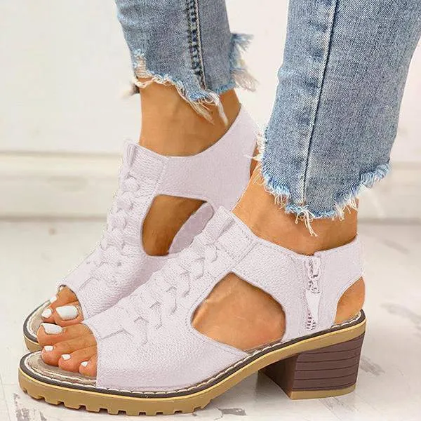 Libiyi Peep Toe Cutout Zipper Chunky Heeled Sandals