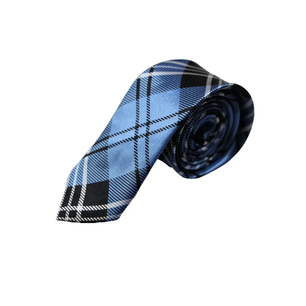 Mens Cornflour Blue & Black Plaid Striped 5cm Skinny Neck Tie