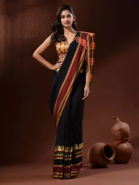 Odette Black Temple Border Cotton Blend Saree With Unstitched Blouse for Women