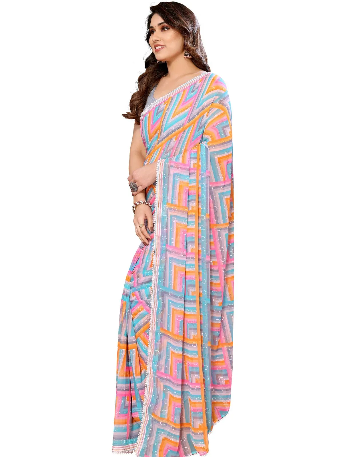 Odette Designer Grey Printed Ready-to-Wear Saree with Unstitched Blouse for Women