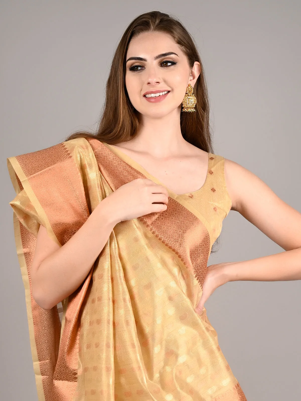 Odette Women Beige Tissue Woven Saree With Unstitched Blouse