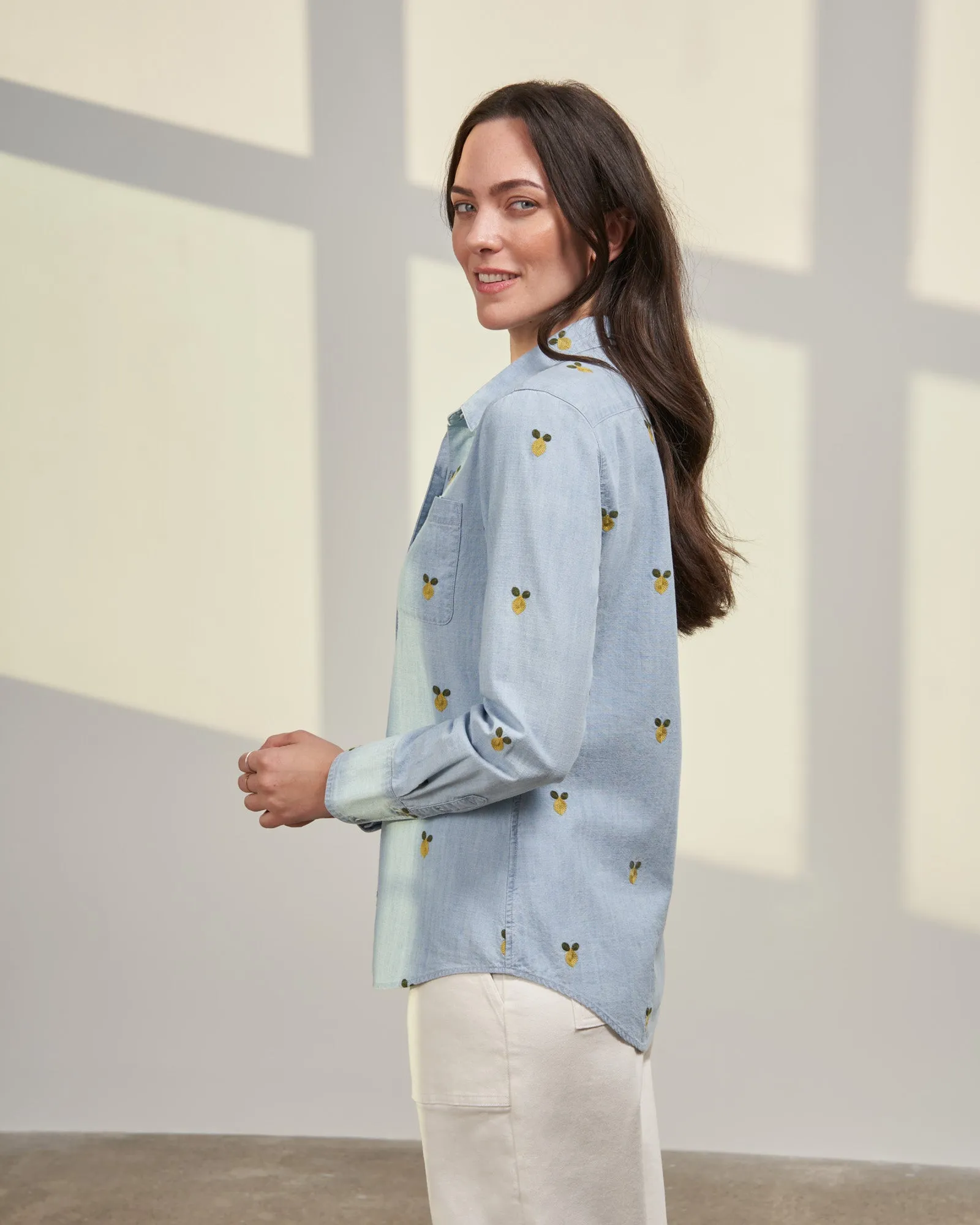 Organic Chambray Embroidered Button Down