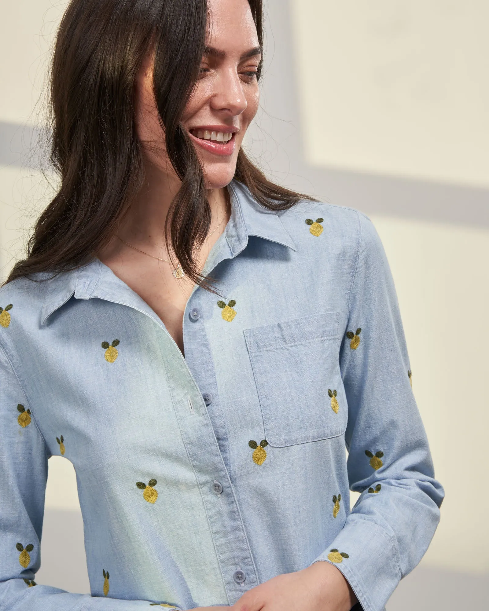 Organic Chambray Embroidered Button Down