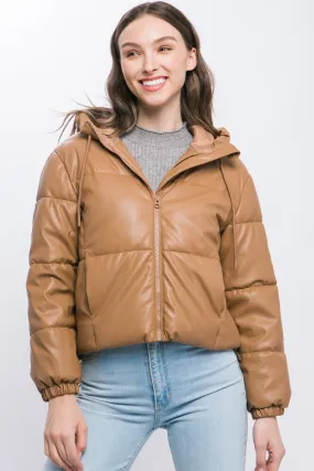 Pu Faux Leather Zipper Hooded Puffer Jacket