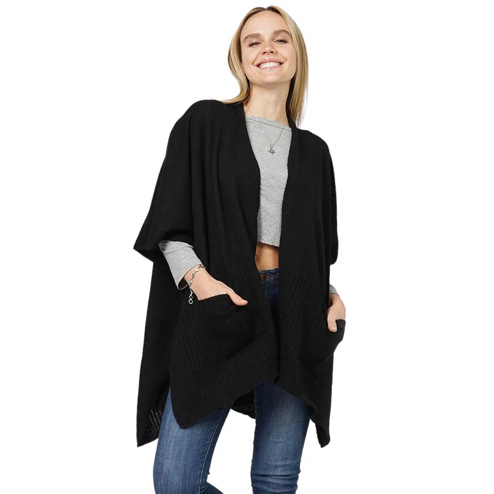 Solid Knit Front Pockets Vest Poncho