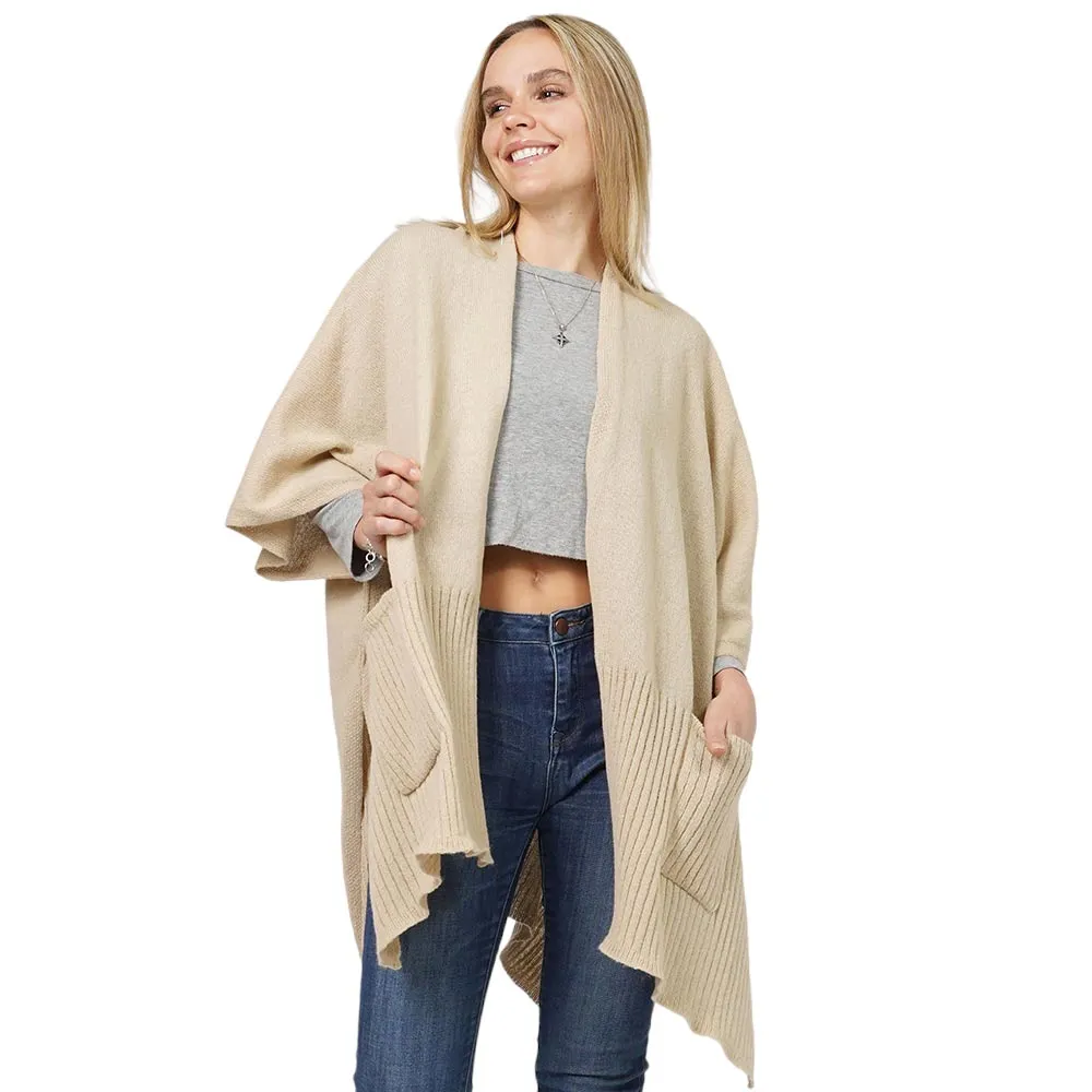 Solid Knit Front Pockets Vest Poncho