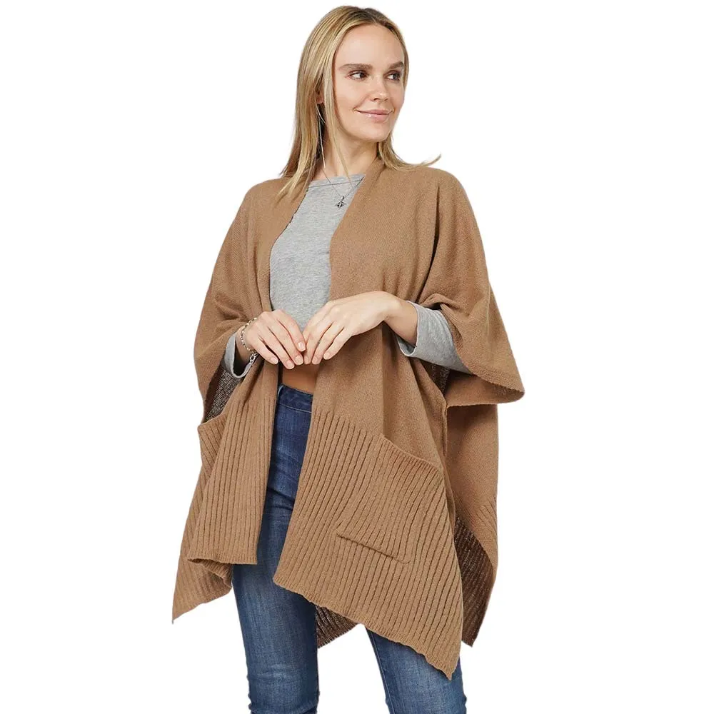 Solid Knit Front Pockets Vest Poncho