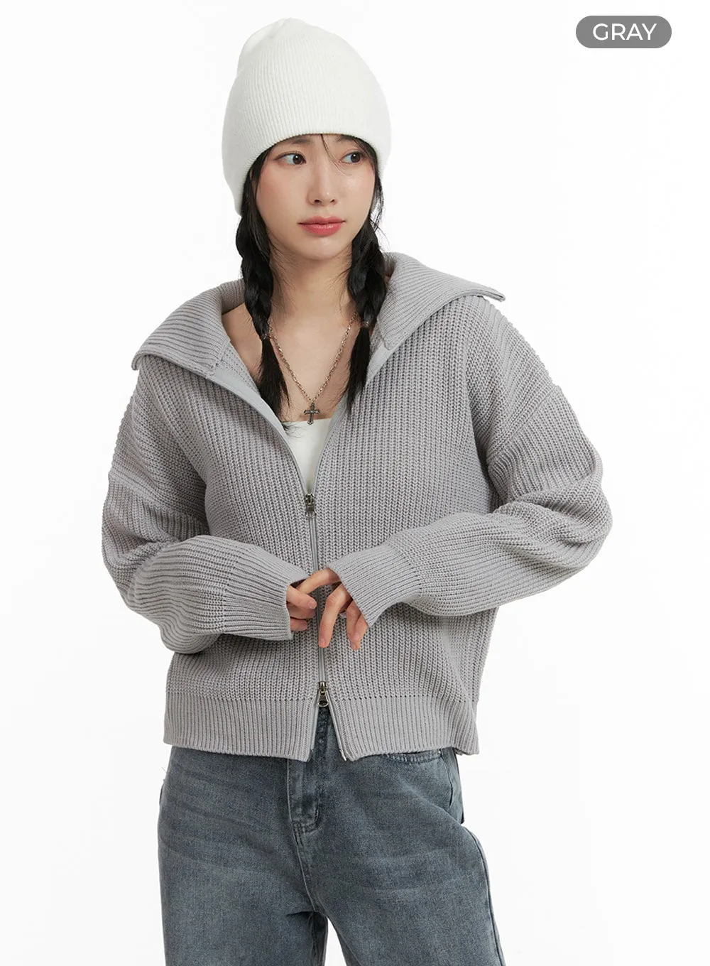 Solid Knit Hoodie Zipper Cardigan OM408