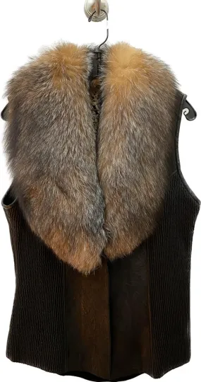 V9170Z - Cuadra black shaved sheepskin leather with fox fur vest for women