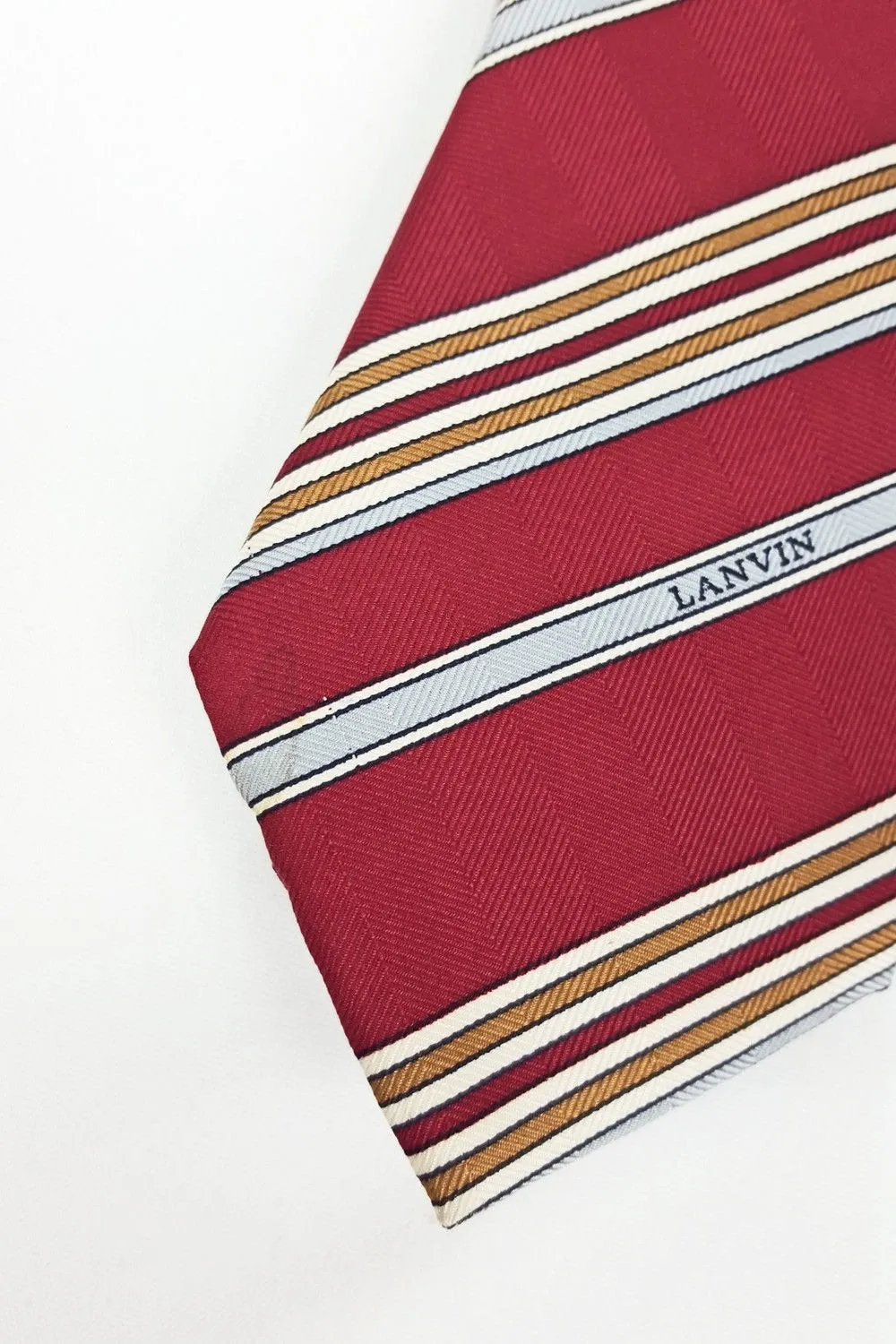 VINTAGE LANVIN 100% Silk Red Blue Brown Stripe Tie (57)