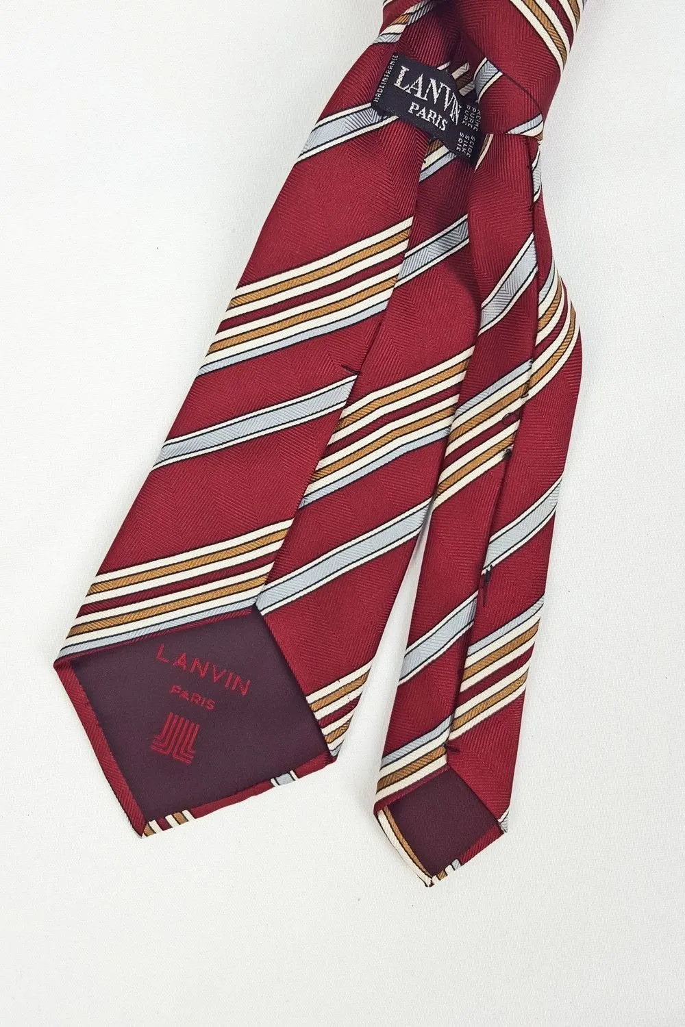 VINTAGE LANVIN 100% Silk Red Blue Brown Stripe Tie (57)