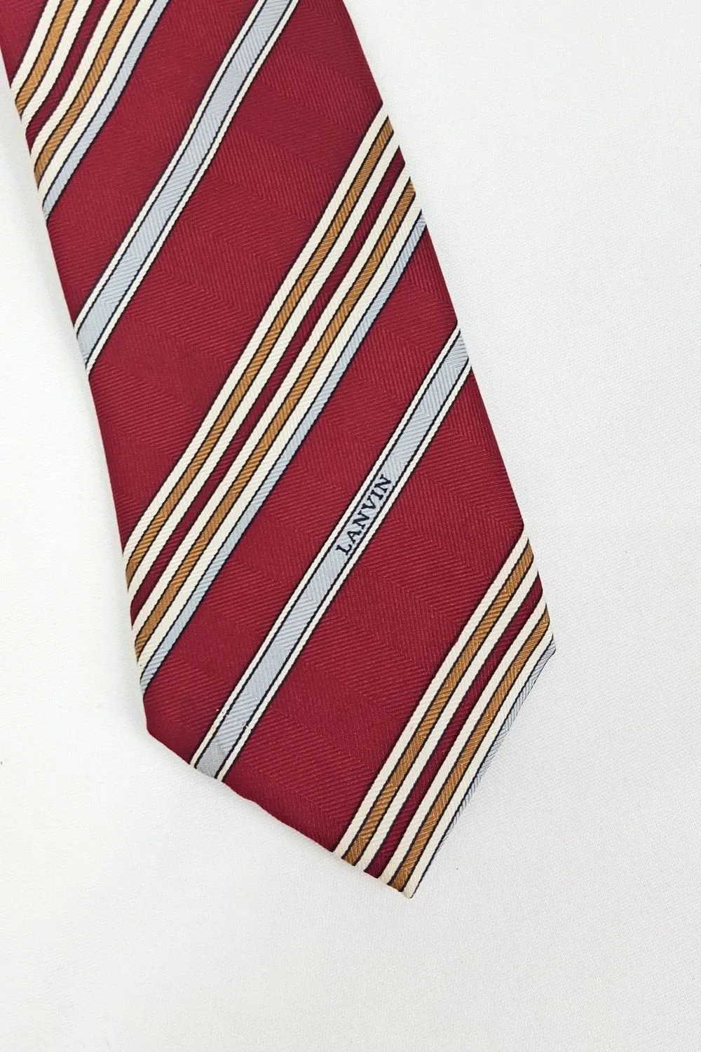 VINTAGE LANVIN 100% Silk Red Blue Brown Stripe Tie (57")