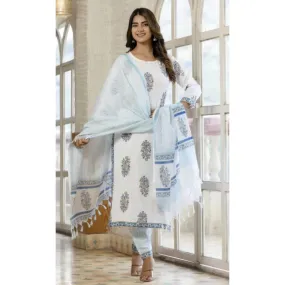 White Women Kurti Pant set with Dupatta