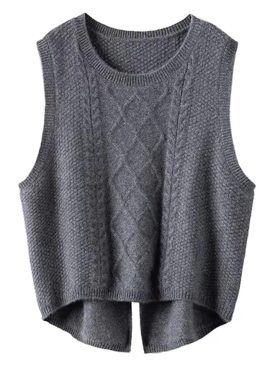 Women Retro Winter Solid Jacquard Wool Vest