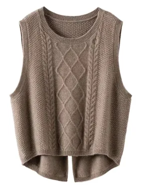 Women Retro Winter Solid Jacquard Wool Vest