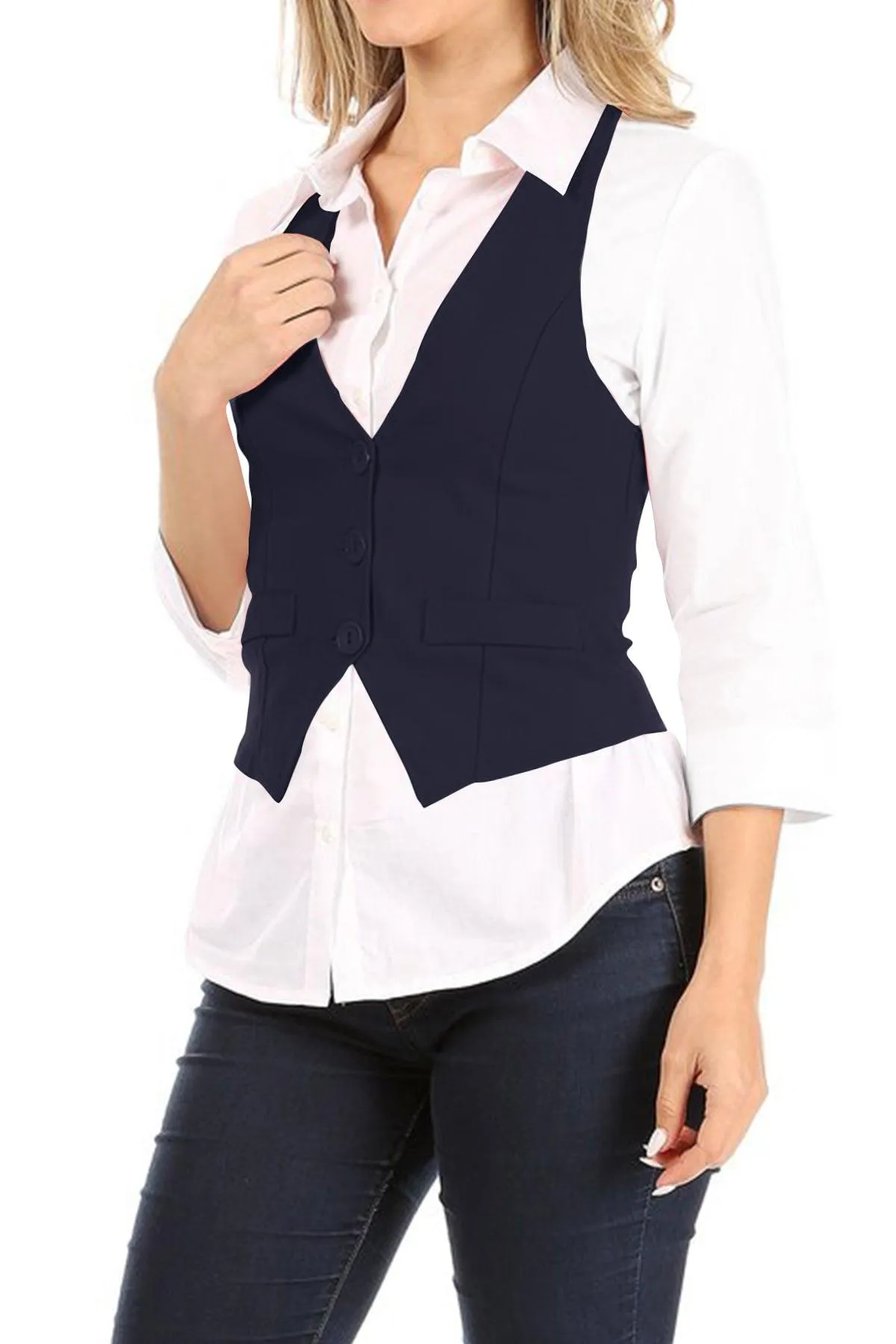 Women's Casual Button Down Racerback Belt Slim Tuxedo Suit Vest Top S-3XL (Pack of 2)