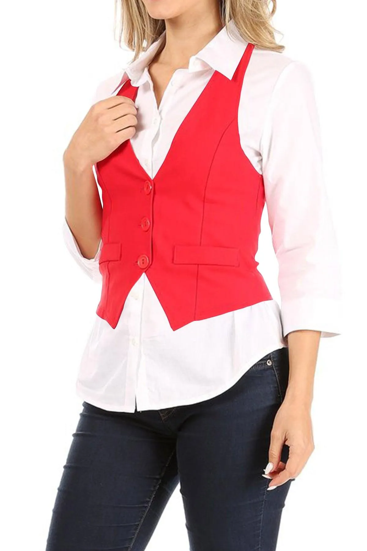 Women's Casual Button Down Racerback Belt Slim Tuxedo Suit Vest Top S-3XL (Pack of 2)