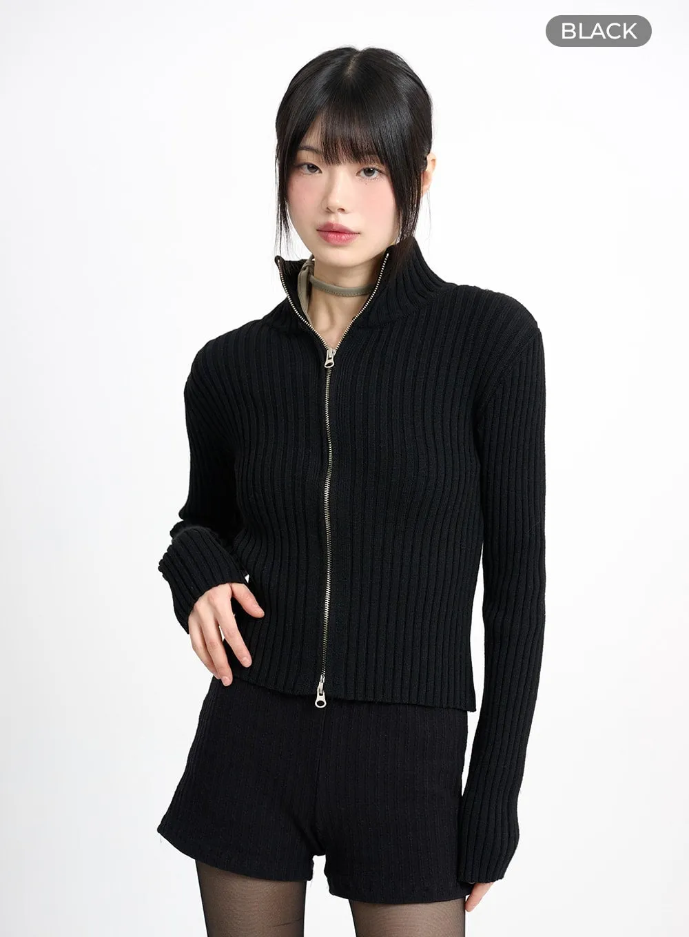 Wool-Blend Knit Zipper Long Sleeve Collared Top CM415