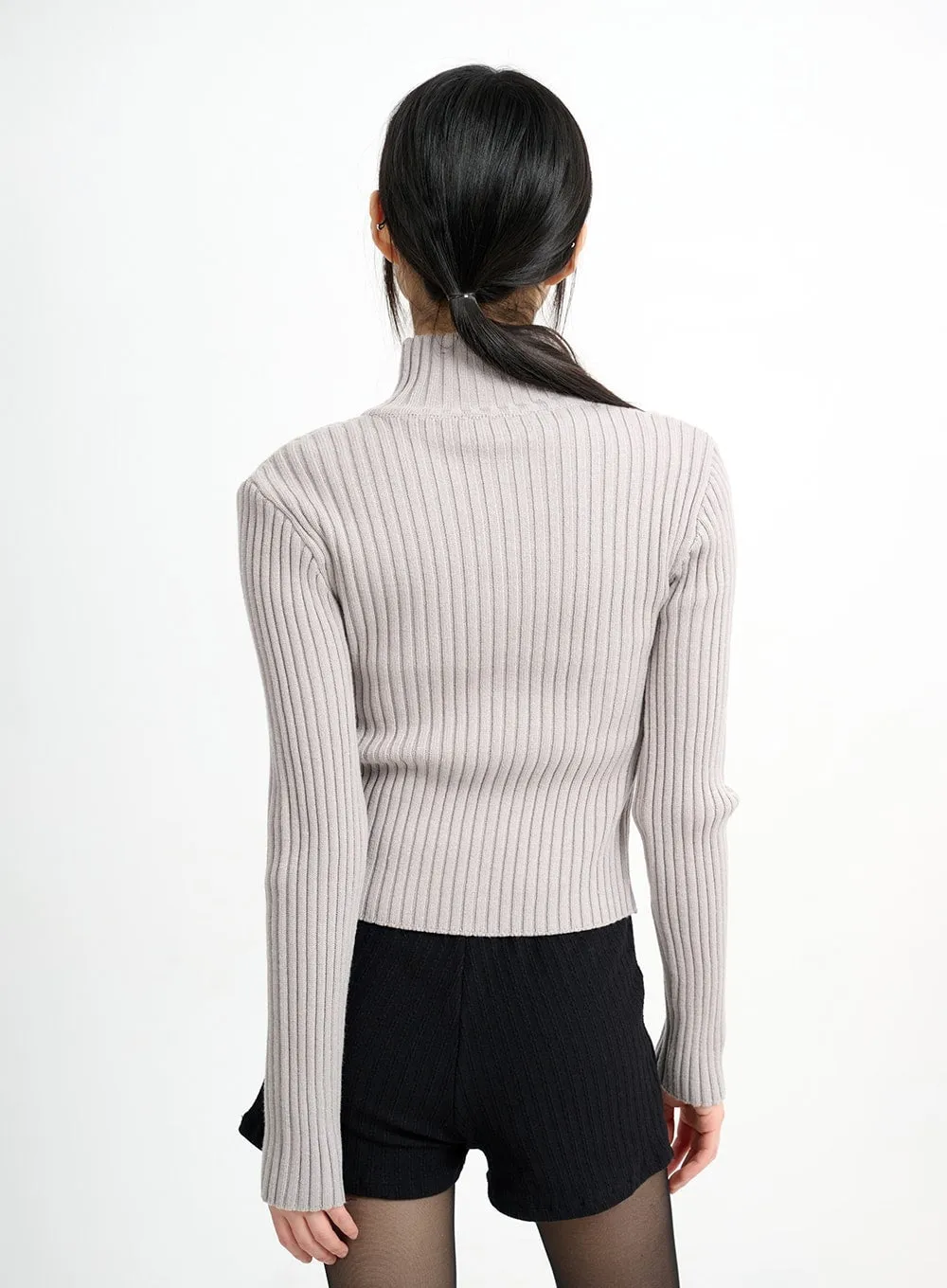 Wool-Blend Knit Zipper Long Sleeve Collared Top CM415