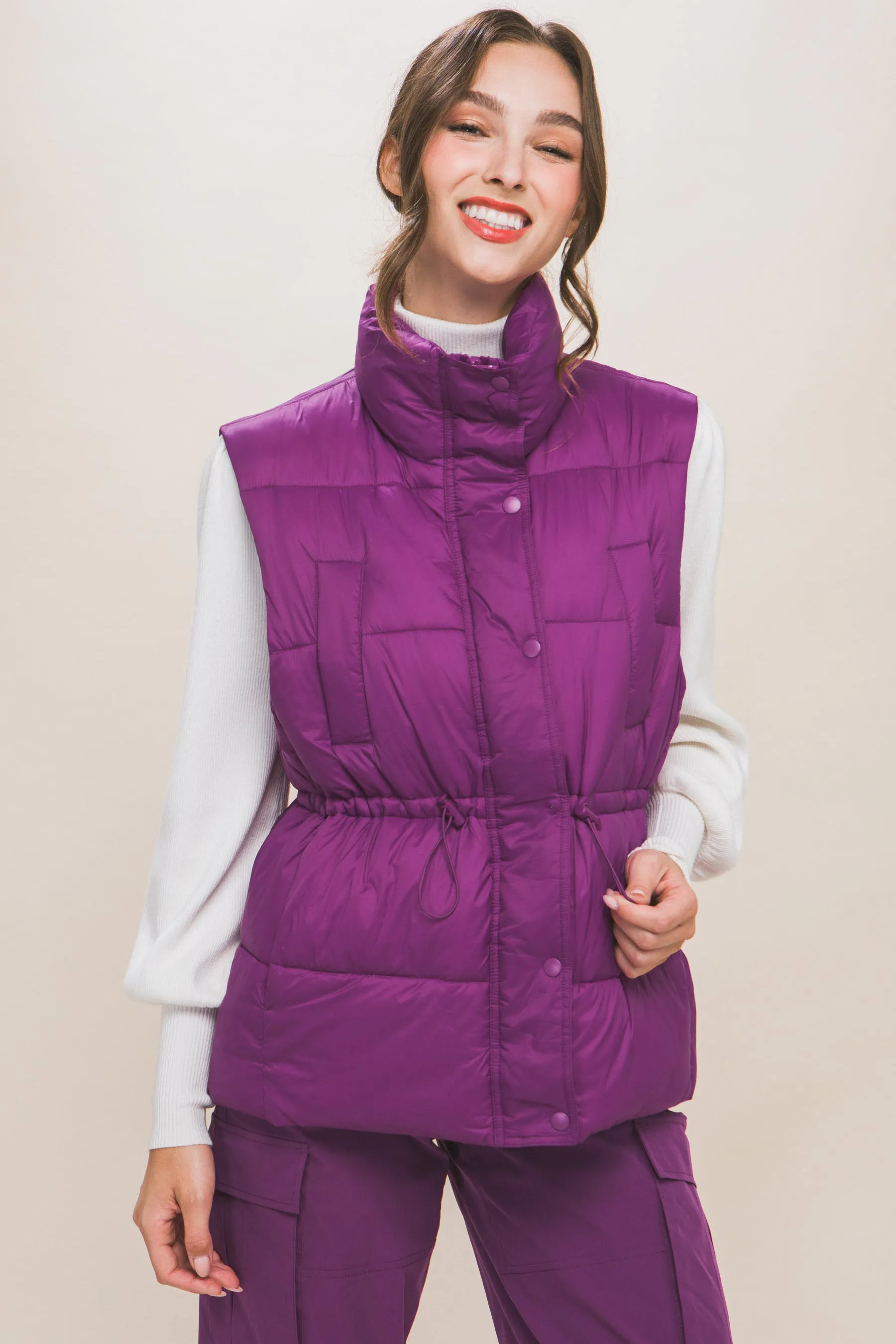 Zip Up Button Puffer Vest With Waist Toggles